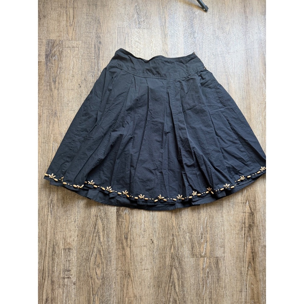 Lapis Black Cotton Beaded Sequin A-Line Skirt Boho Wood Bead Hem Size L 750 - Picture 8 of 9
